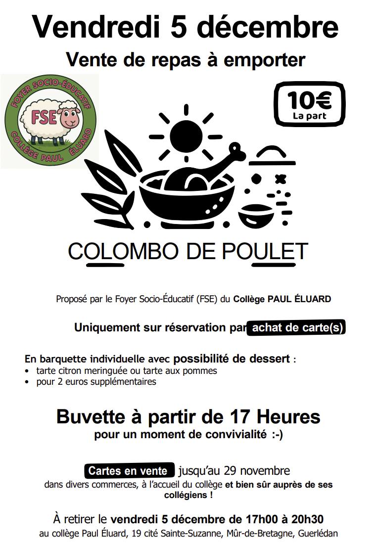 Repas à emporter - Colombo de poulet - FSE Collège Paul Eluard